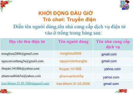 Bài giảng Tin học Lớp 5 - Chủ đề I: Khám phá máy tính - Tiết 7, Bài 4: Thư điện tử (tiếp theo) (Tiết 1)