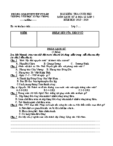 Bài kiểm tra cuối học kì I môn Lịch sử & Địa lí Lớp 5 - Năm học 2019-2020 - Trường Tiểu học Đại Thắng (Có đáp án)