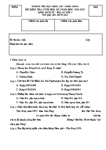 Bài kiểm tra cuối học kì I môn Lịch sử & Địa lí Lớp 5 - Năm học 2019-2020 - Trường Tiểu học Nghĩa Sơn