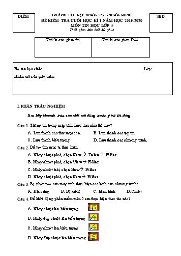Bài kiểm tra cuối học kì I môn Tin học Lớp 5 - Năm học 2019-2020 - Trường Tiểu học Nghĩa Sơn