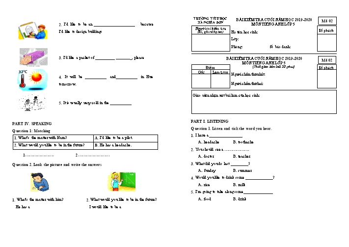 Bài kiểm tra cuối năm môn Tiếng Anh Lớp 5 - Năm học 2019-2020 - Trường Tiểu học Nghĩa Sơn - Mã 02
