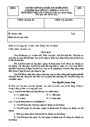 Bài kiểm tra giữa kỳ I môn Tiếng Việt Lớp 5 (Phần đọc hiểu, đọc thành tiếng) - Năm học 2020-2021 - Trường Tiểu học Nghĩa Sơn