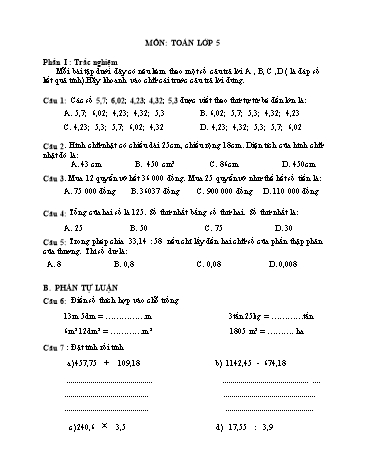Đề kiểm tra các môn Lớp 5