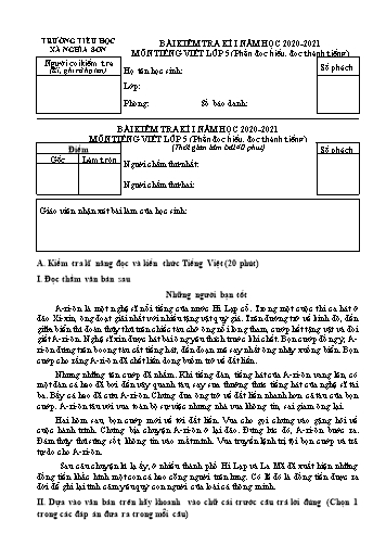 Đề kiểm tra kì I môn Tiếng Việt Lớp 5 (Phần đọc hiểu, đọc thành tiếng) - Năm học 2020-2021 - Trường Tiểu học Nghĩa Sơn