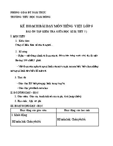 Kế hoạch bài dạy môn Tiếng Việt Lớp 5 - Bài: Ôn tập kiểm tra giữa học kì II (Tiết 5) - Trường Tiểu học Nam Hồng