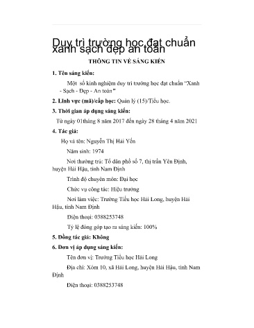 Sáng kiến kinh nghiệm Một số kinh nghiệm duy trì trường học đạt chuẩn “Xanh - Sạch - Đẹp - An toàn”