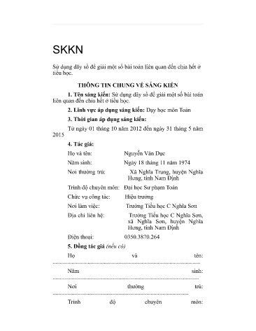 Sáng kiến kinh nghiệm Sử dụng dãy số để giải một số bài toán liên quan đến chia hết ở tiểu học