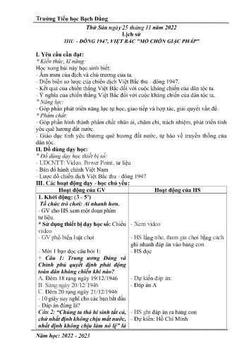 Giáo án Lịch sử và Địa lí 5 - Bài: Thu-Đông 1947, Việt Bắc Mồ chôn giặc Pháp - Năm học 2022-2023 Trường Tiểu học Bạch Đằng