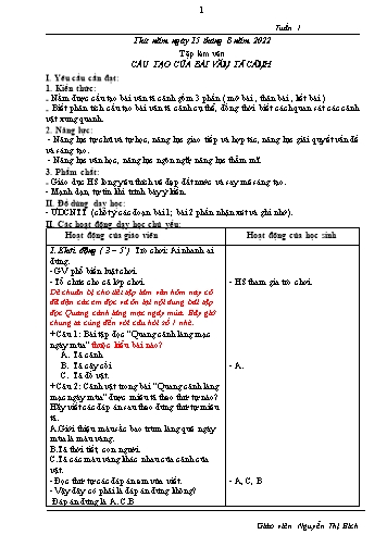 Giáo án Tiếng Việt 5 (Tập làm văn) Sách Kết nối tri thức - Tuần 1, Bài: Cấu tạp bài văn tả cảnh - Năm học 2022-2023 - Nguyễn Thị Bích