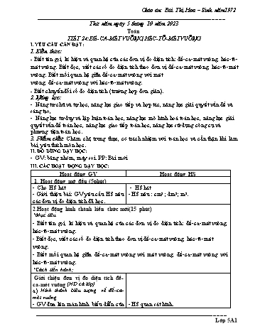 Giáo án Toán 5 (Kết nối tri thức) - Tiết 24: Đề-ca-mét vuông, Héc-tô-mét vuông - Năm học 2023-2024 - Bùi Thị Hoa