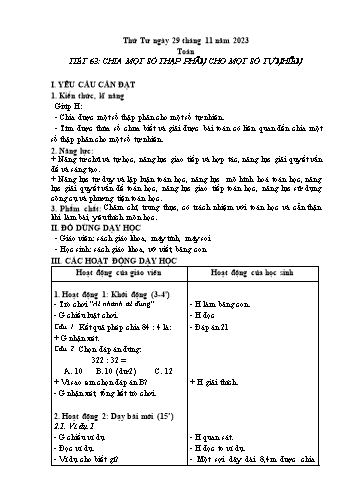 Giáo án Toán 5 (Kết nối tri thức) - Tiết 63: Chia 1 số thập phân cho 1 số tự nhiên - Năm học 2023-2024
