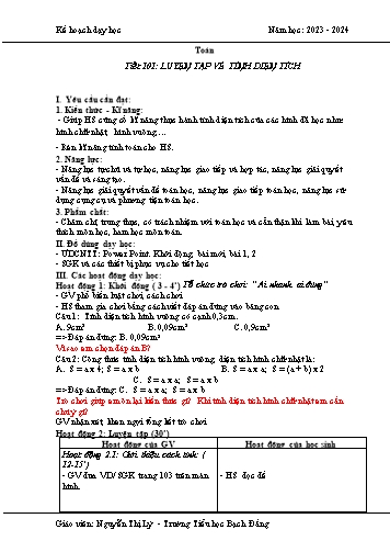 Kế hoạch bài dạy Toán 5 (Kết nối tri thức) - Tiết 101: Luyện tập về tính diện tích - Năm học 2023-2024 - Nguyễn Thị Lý