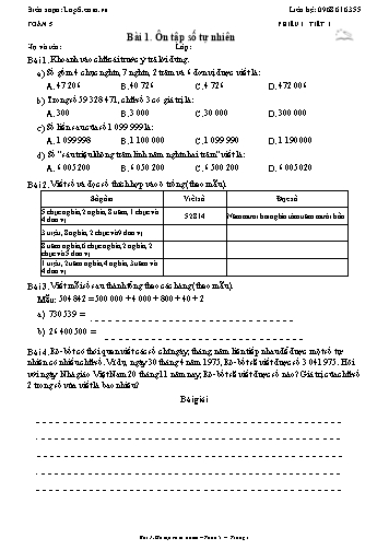 Tổng hợp phiếu bài tập Toán lớp 5 hàng ngày đầy đủ cả năm - Năm học 2026-2027